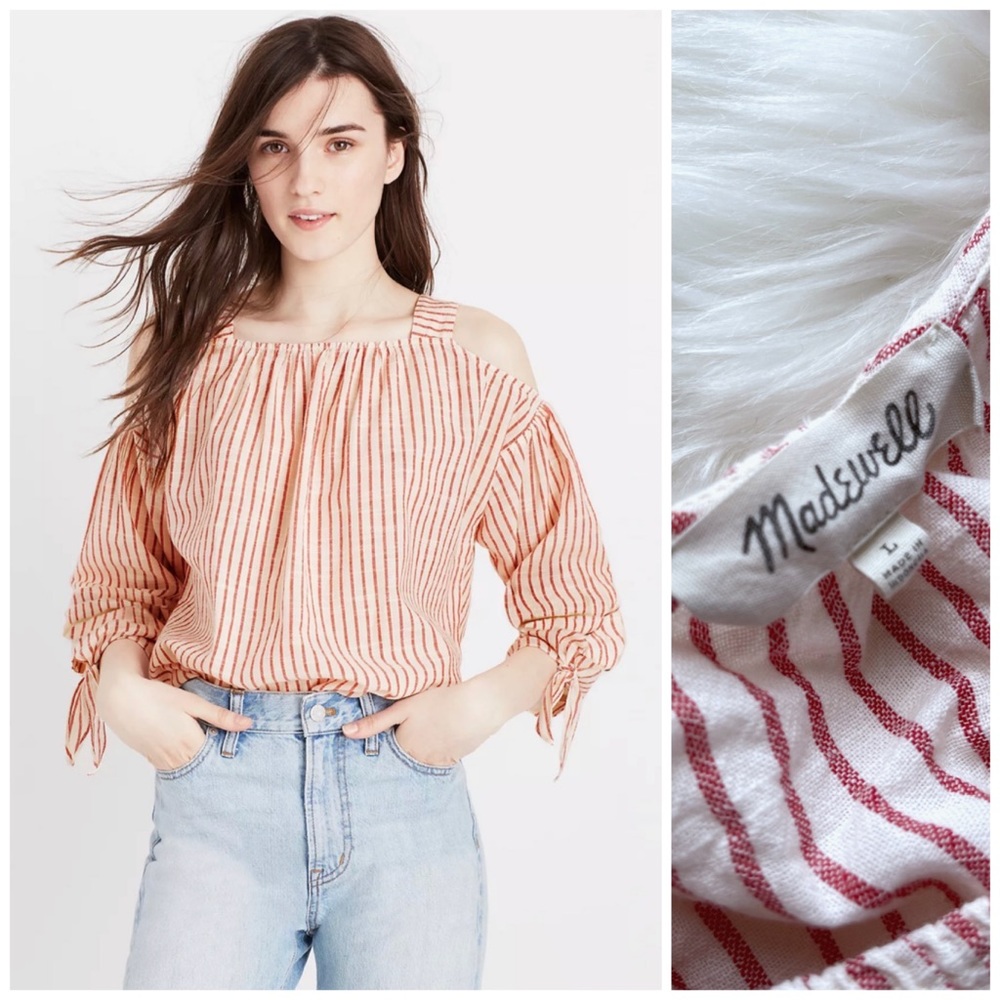 Madewell Red Striped Cold Shoulder Blouse Top Sz L 100% Cotton